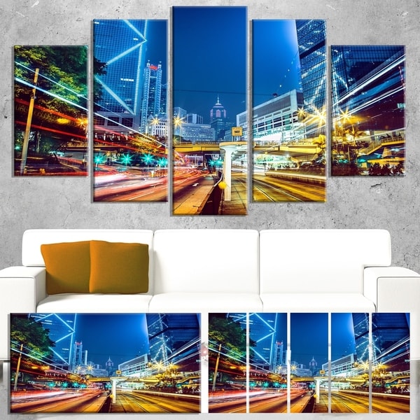 Designart 'Hong Kong City Night Scene' Large Cityscape Art Print on Canvas