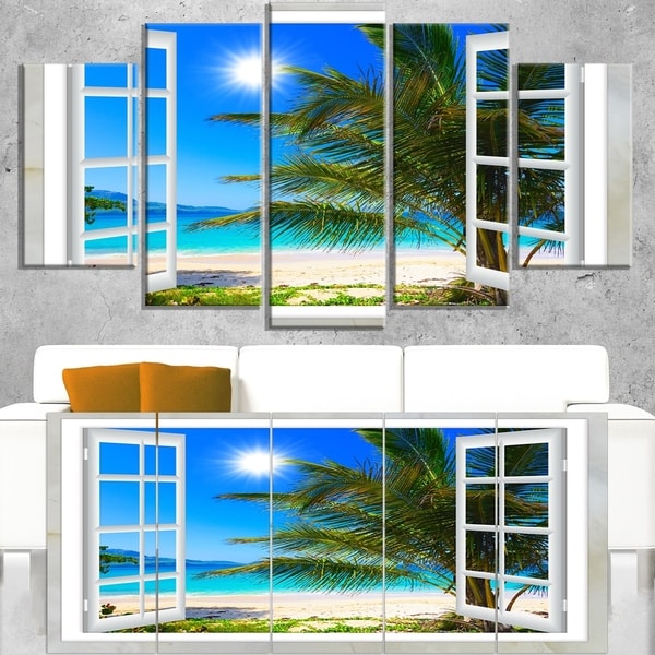 Window Open to Beach with Palm - Extra Large Seashore Canvas Art