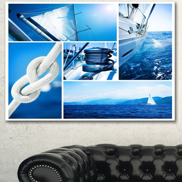 Designart 'Sailing Yacht in Blue Sea Collage' Large Seashore Canvas Wall Art