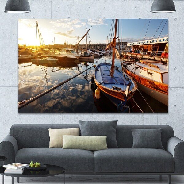 Designart 'Yachts at Sea Port of Marseille' Boat Wall Artwork on Canvas