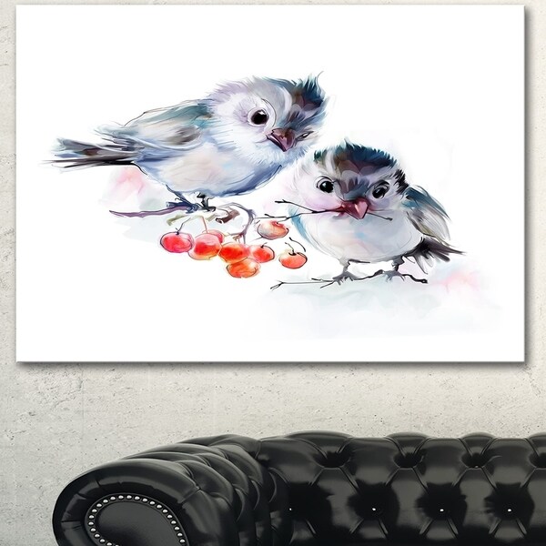 Designart 'Birds on Branch With Red Berries' Modern Animal Canvas Wall Artwork
