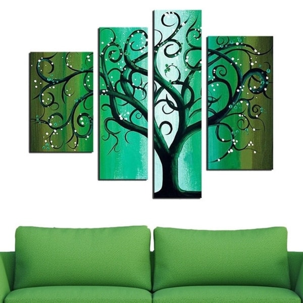 Green Abstract Tree 4-piece Hand-painted Canvas Art Set
