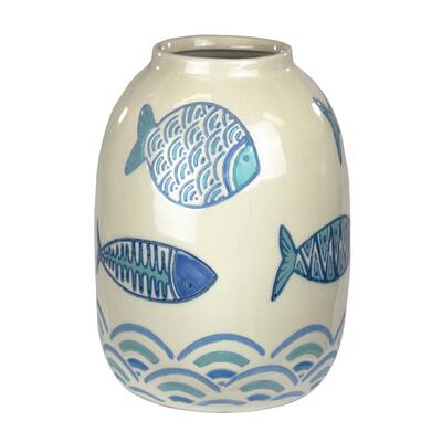 Ceramic Vase, Fish Design, Light Blue/Beige