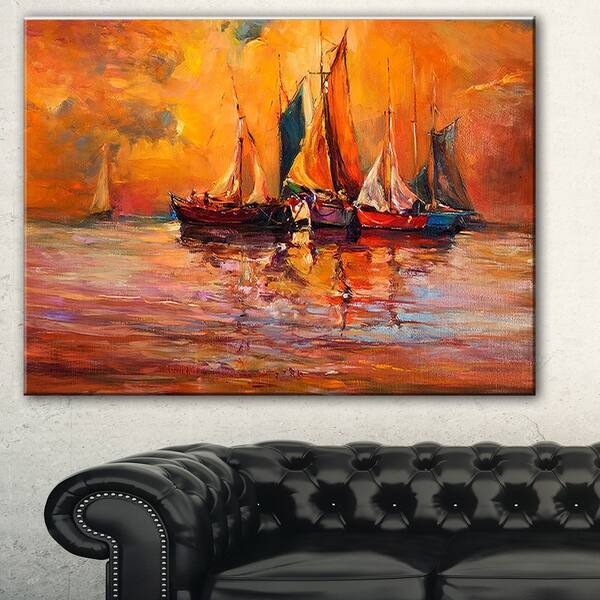 Shop Designart Boats And Ocean In Red Seascape Painting Canvas Wall Art Overstock 19811022