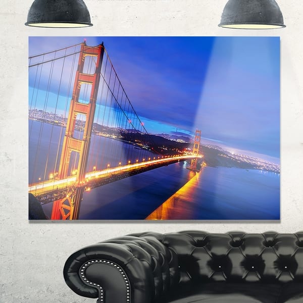 Golden Gate in Blue Background - Sea Bridge Glossy Metal Wall Art - 28 in. Wide x 12 in. High