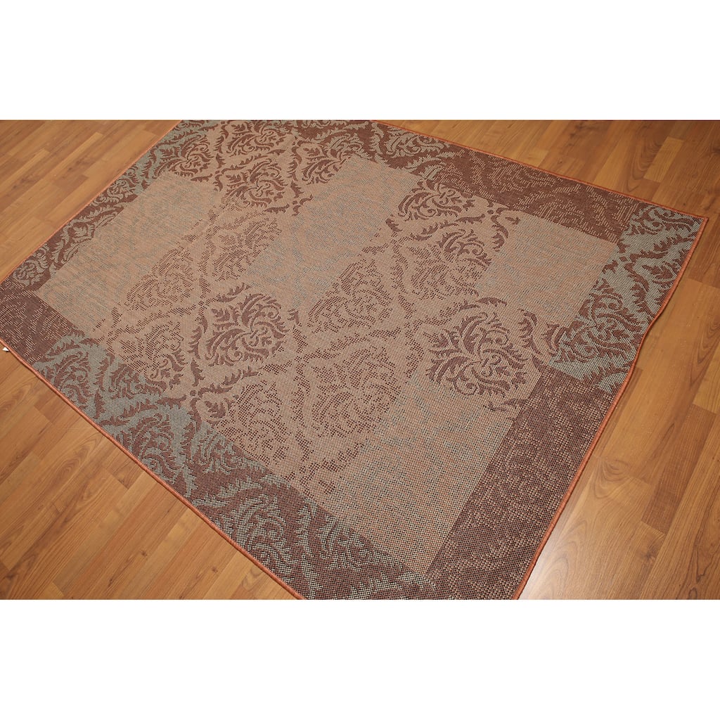 Turkish Dhurry Rust/Multicolored Boho Chic Damask Contemporary Indoor/Outdoor Rug (5'4 x 7'8) - Blue/Rust - 5'4" x 7'8"