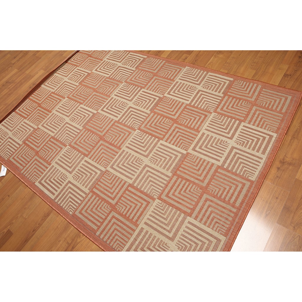 Contemporary Teracota & Beige Machine Made Indoor Outdoor Turkish Dhurry Rug - Terracota/Beige - 5'4" x 7'8" - 5'4" x 7'8"