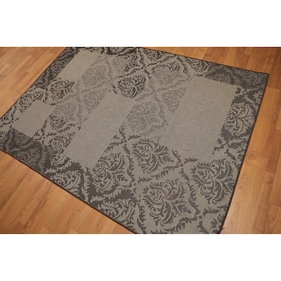 Industrial Boho Damask Machine Made Indoor Outdoor Turkish Dhurry Rug - Black/Grey - 5' x 7' - 5' x 7'