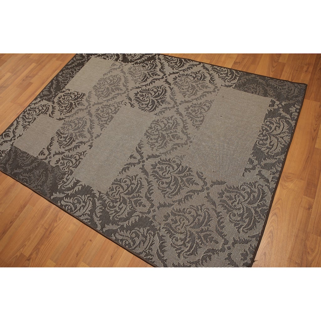Industrial Boho Damask Machine Made Indoor Outdoor Turkish Dhurry Rug - Black/Grey - 5' x 7' - 5' x 7'