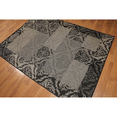 Boho Shabby Chic Industrial Damask Machine Made Indoor Outdoor Turkish Dhurry Rug - Black/Grey - 5' x 7' - 5' x 7'