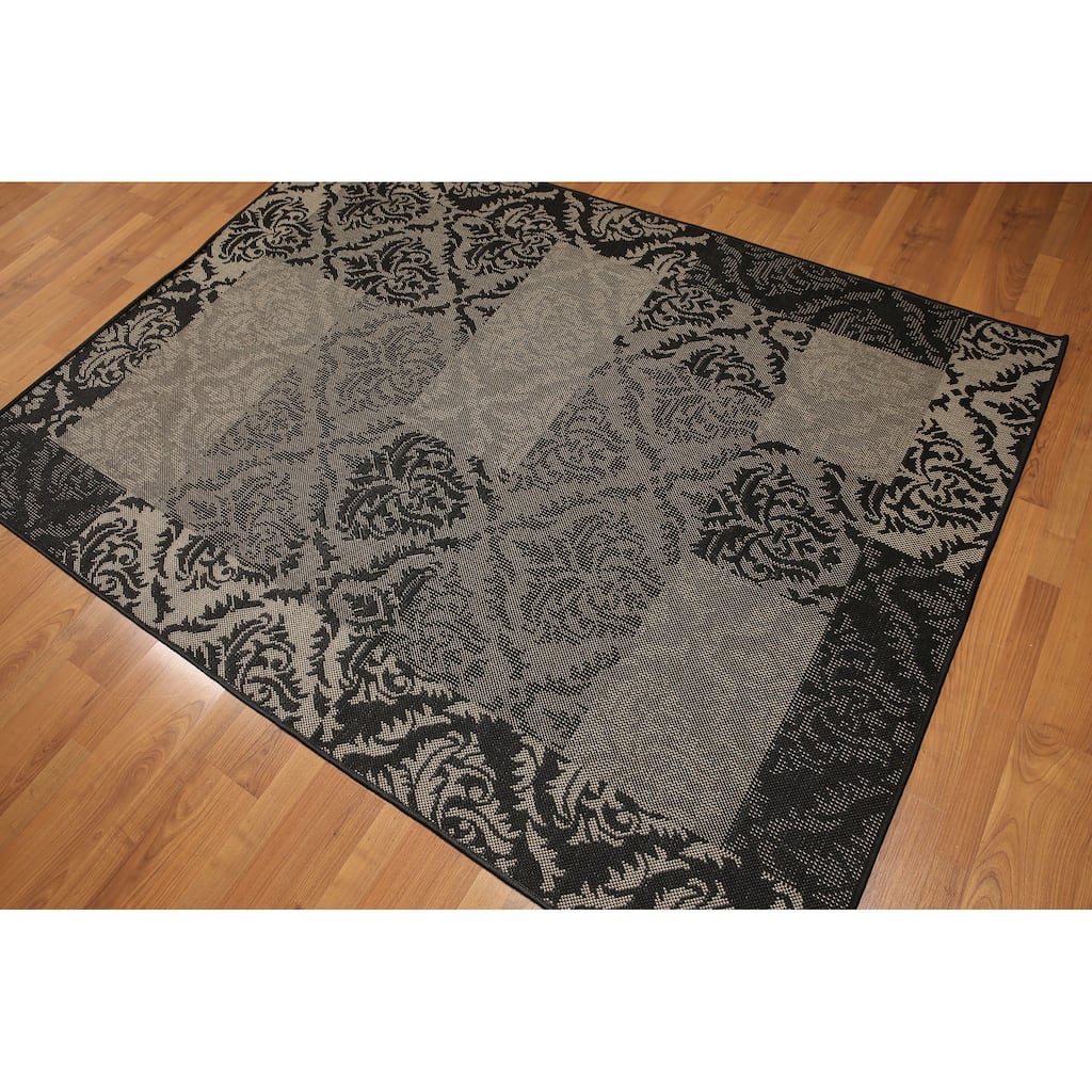 Boho Shabby Chic Industrial Damask Machine Made Indoor Outdoor Turkish Dhurry Rug - Black/Grey - 5' x 7' - 5' x 7'