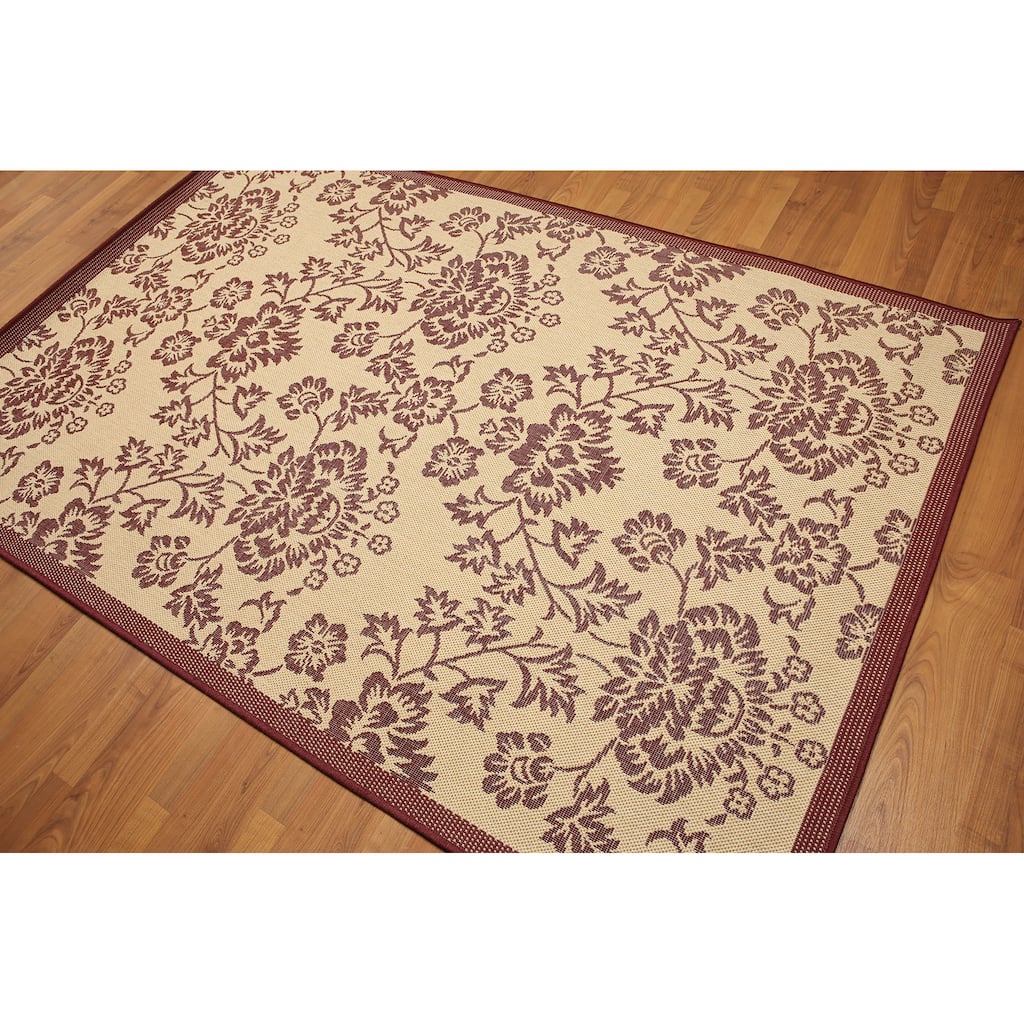 Floral Boho Indoor Outdoor Turkish Dhurry Rug - Burgundy/Beige - 5' x 7' - 5' x 7'
