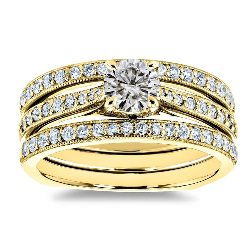 Annello by Kobelli 14K Gold 1ct TGW Round Moissanite and Diamond Square Euro Shank Vintage Trellis 3 Piece Bridal Set - 11 - Yellow