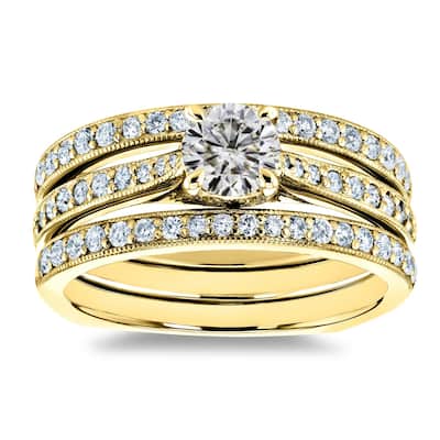 Annello by Kobelli 14K Gold 1ct TGW Round Moissanite and Diamond Square Euro Shank Vintage Trellis 3 Piece Bridal Set