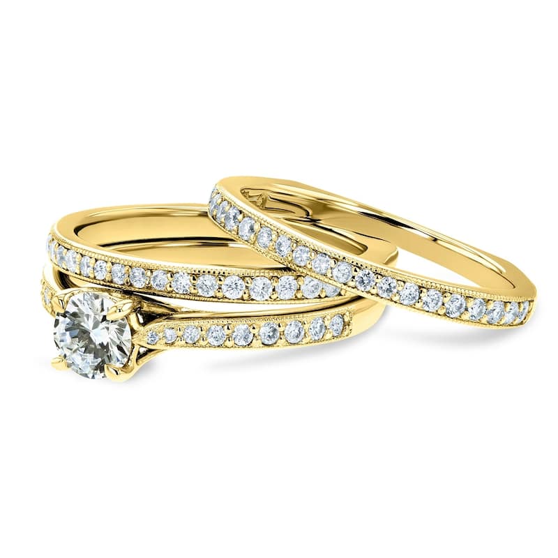 Annello by Kobelli 14K Gold 1ct TGW Round Moissanite and Diamond Square Euro Shank Vintage Trellis 3 Piece Bridal Set