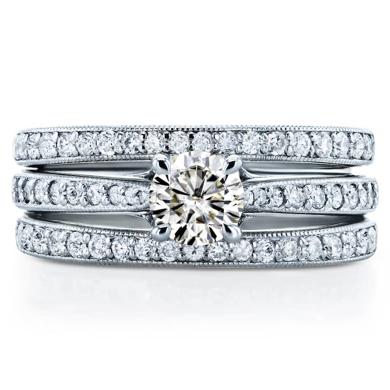 Annello by Kobelli 14K Gold 1ct TGW Round Moissanite and Diamond Square Euro Shank Vintage Trellis 3 Piece Bridal Set - 10 - White