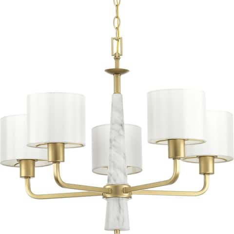 Palacio Collection 5-Light Vintage Gold White Silk Fabric Shade Luxe Chandelier Light - N/A
