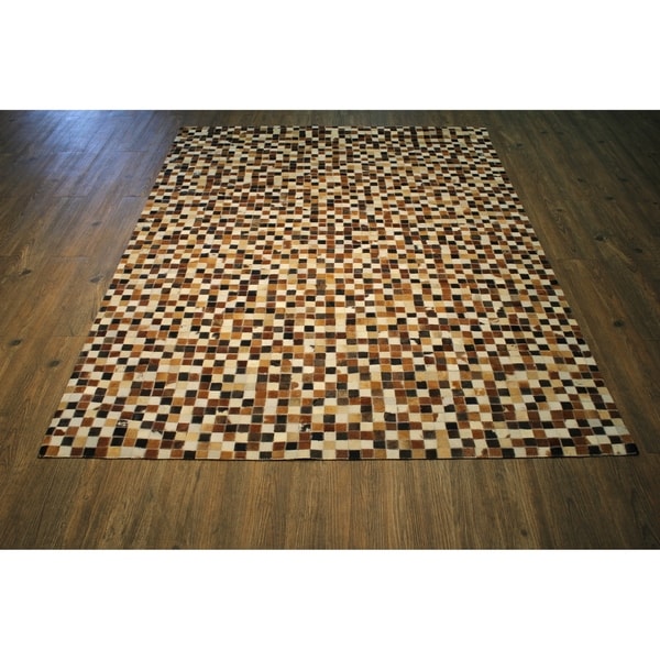 Multi Brown Hair-on Hide Leather Rug with Felt Backing - 5' x 7'