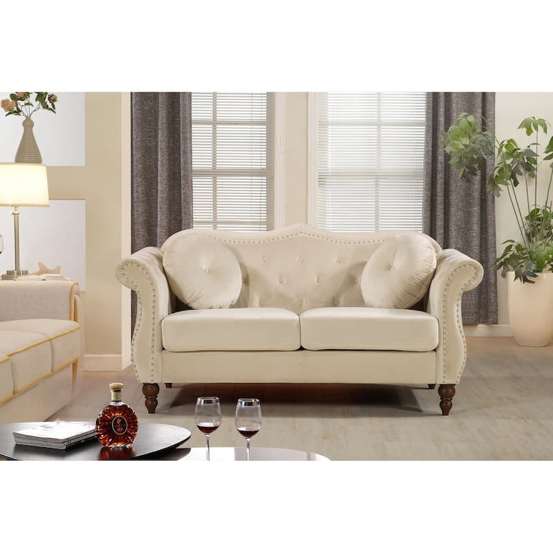 Gracewood Hollow Mantel Mid-century Nailhead Chesterfield Loveseat - 7'6" x 9'6" - ivory