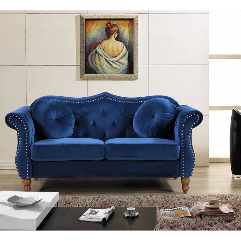 Gracewood Hollow Mantel Mid-century Nailhead Chesterfield Loveseat - 7'6" x 9'6" - Blue