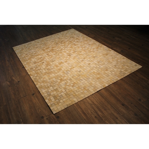 Leather Hair-on Hide Rug In Multi Beige with Felt Backing - 5' x 7'