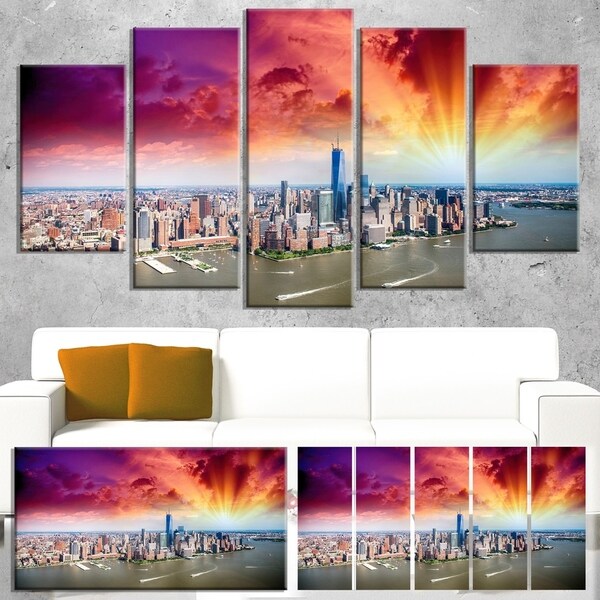 Designart 'Colorful New York Skyline Aerial View' Modern Cityscape Canvas Artwork