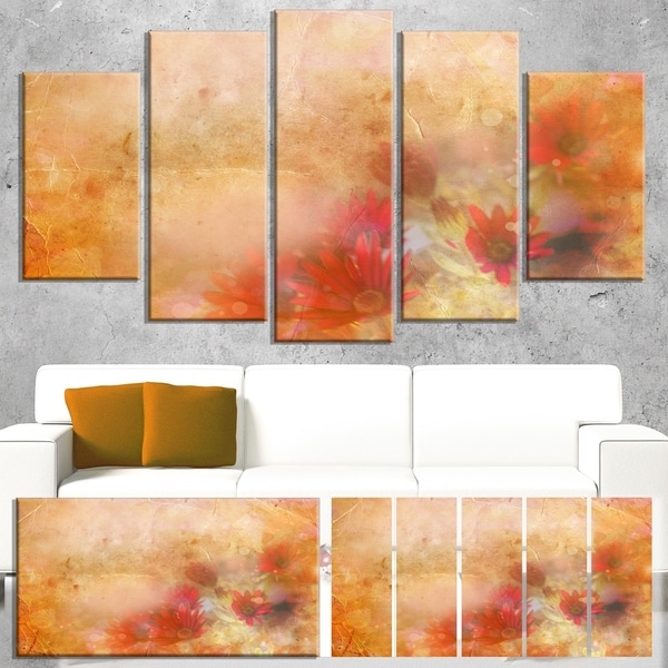 Designart 'Red and Pink Flowers on Brown' Large Floral Canvas Artwork