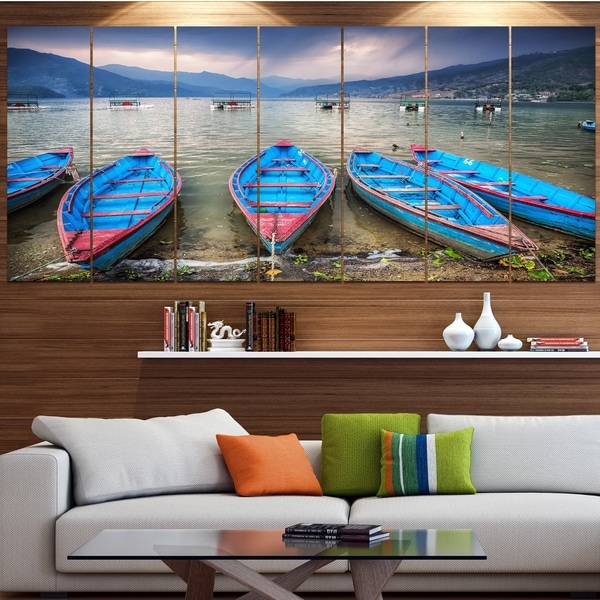 Designart 'Row of Blue Boats in Pokhara Lake' Boat Wall Artwork on Canvas