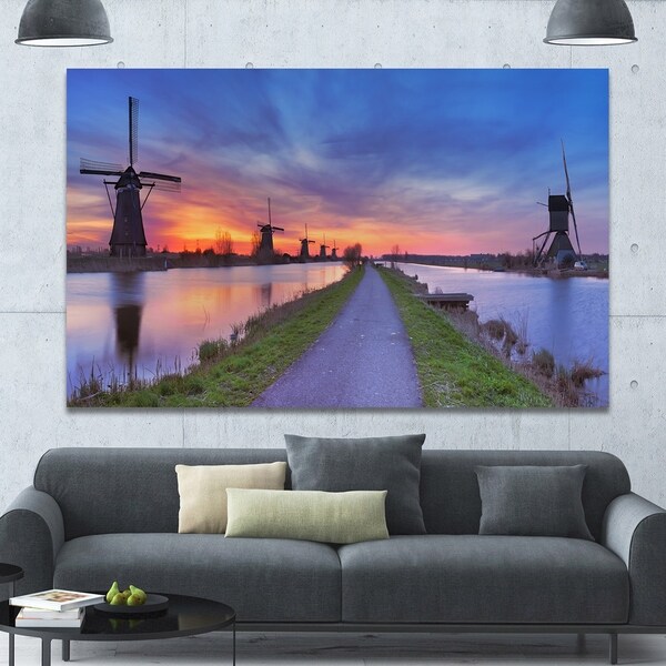 Designart 'Windmills Morning Panorama' Large Glossy Canvas Art Print