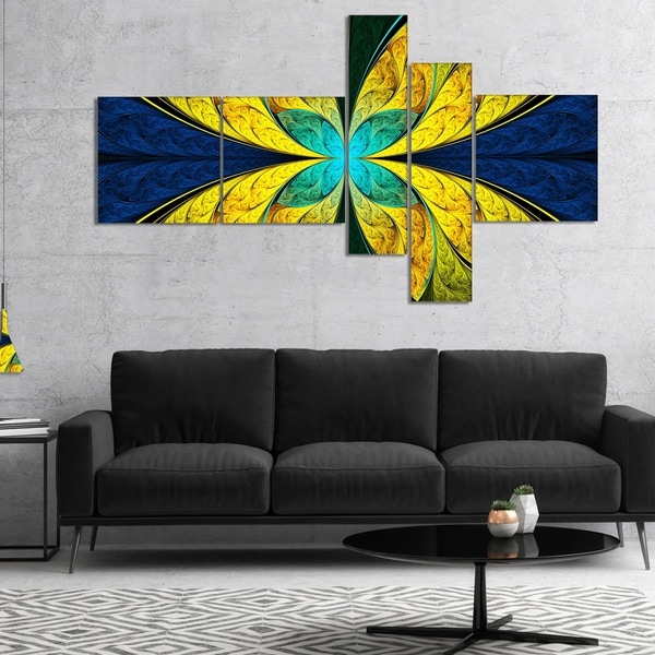 Designart 'Bright Yellow Blue Fractal Flower' Floral Canvas Art Print