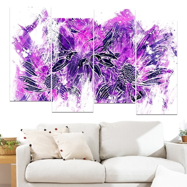 Design Art 'Electric Purple Flowers' 48 x 28-inch 4-panel Canvas Art Print