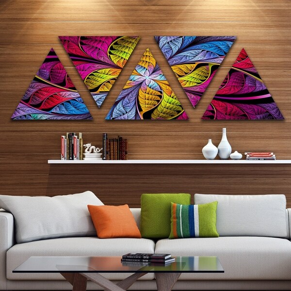 Designart 'Pink Yellow Fractal Stained Glass' Contemporary Triangle Canvas Art Print - 5 Panels