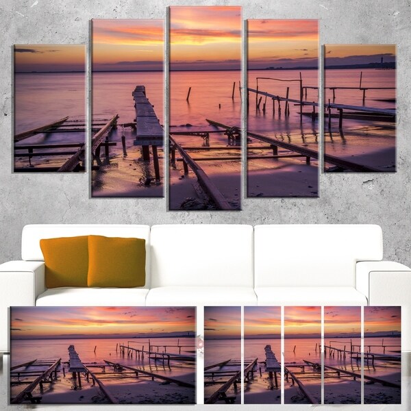 Designart 'Fishing Pier in Sea at Sunset' Modern Seashore Canvas Wall Art Print