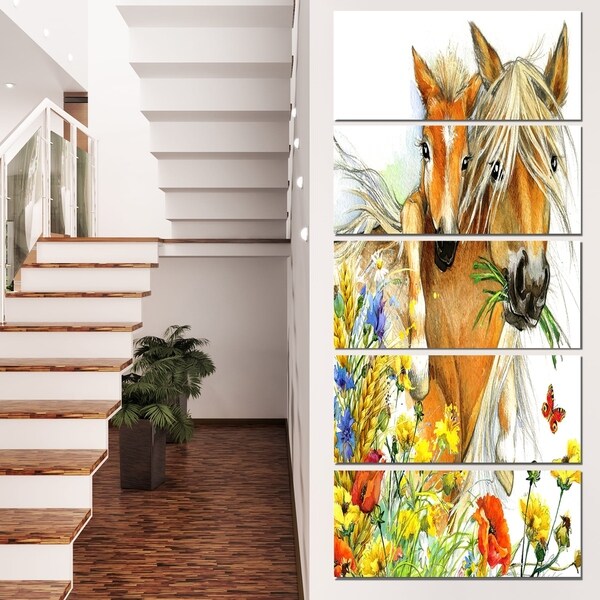 Designart 'Horse and Foal with Flowers' Extra Large Animal Artwork