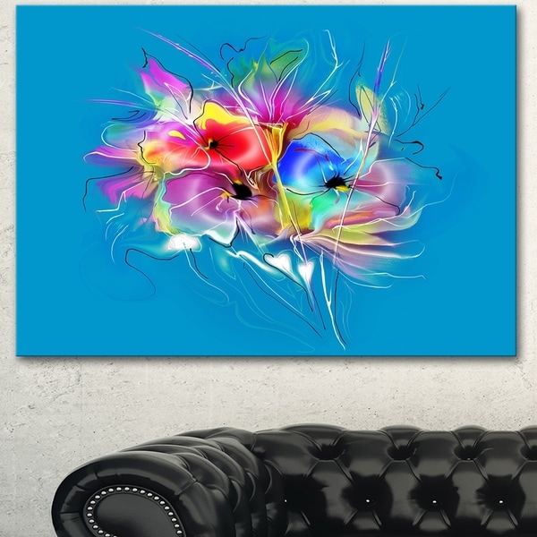 Designart 'Summer Colorful Flowers on Blue' Extra Large Floral Wall Art - Blue