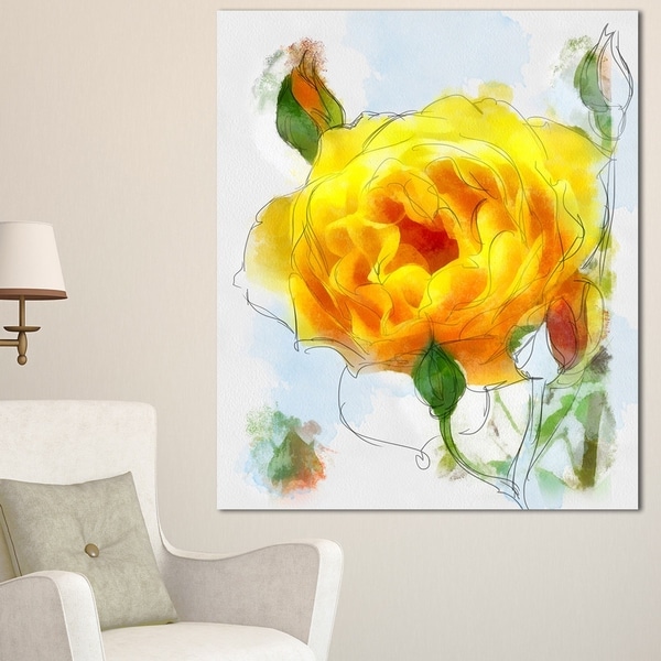 Designart 'Yellow Rose with Rose Buds Sketch' Large Floral Canvas Artwork
