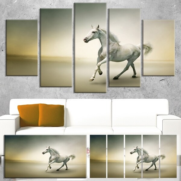 Designart 'White Horse in Motion' Extra Large Animal Artwork
