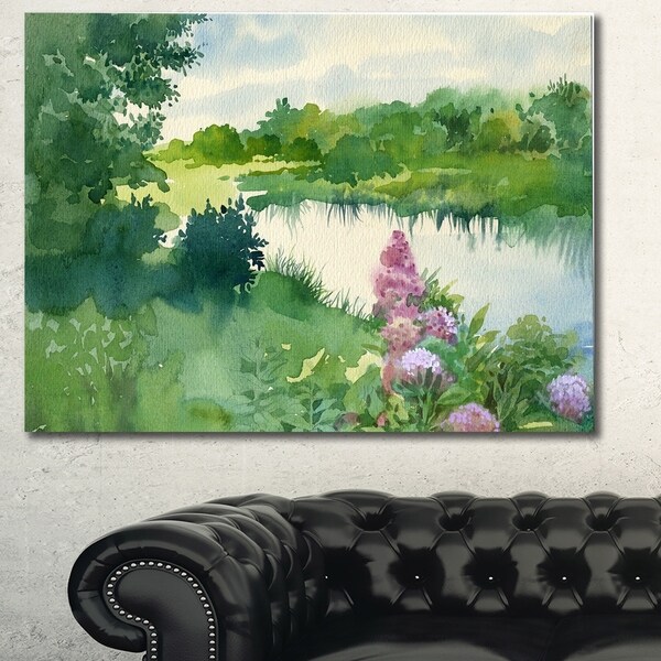 Designart 'Green Riverside Land Watercolor' Landscape Wall Artwork