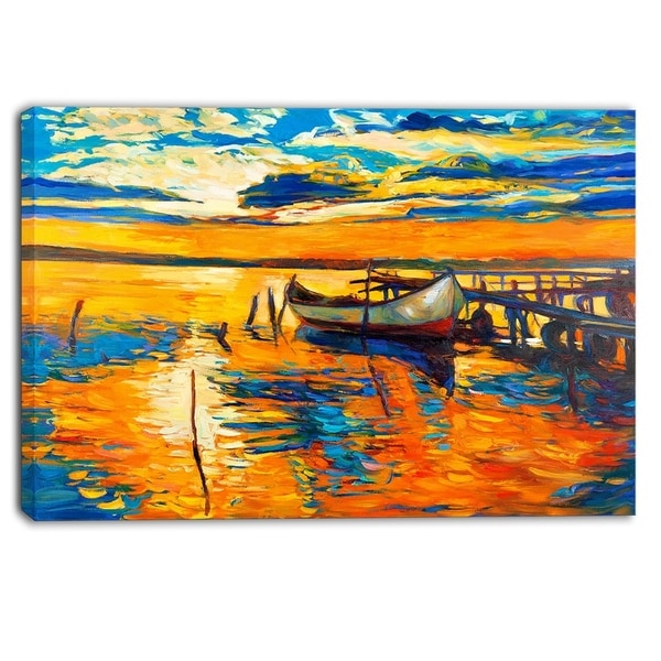 Designart - Boat and Jetty at Sunset - Landscape Canvas Artwork - Yellow