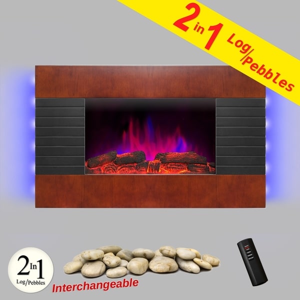 AKDY FP0049 36" Wooden Tempered Glass Electric Fireplace Heat Wall Mount Adjustable Heater 2 Settings