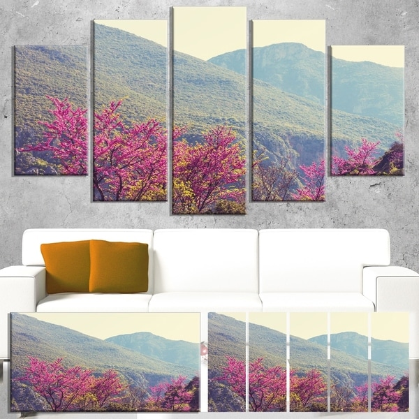 Designart 'Pink Blossoming Flowers in Mountains' Floral Artwork on Canvas