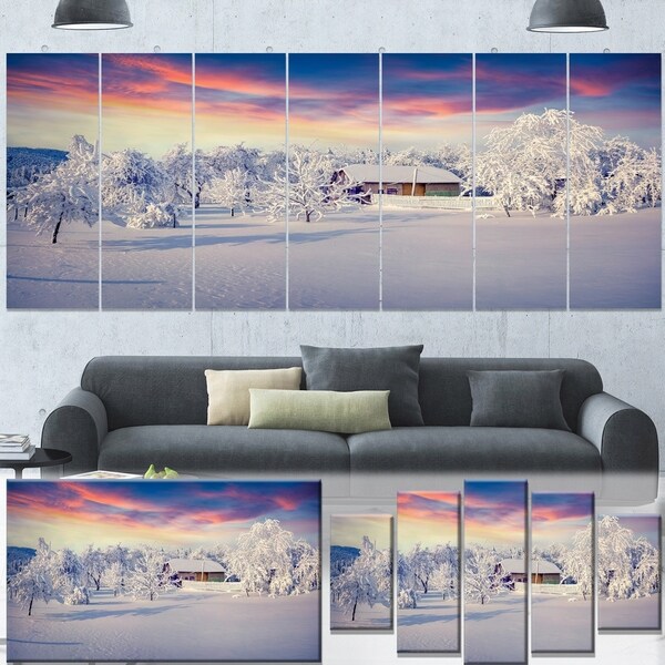 Designart 'Snowfall Covering Trees and Houses' Large Landscape Art Canvas Print