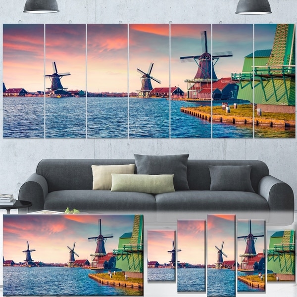 Designart 'Zaandam Mills on Water Channel' Large Landscape Art Canvas Print