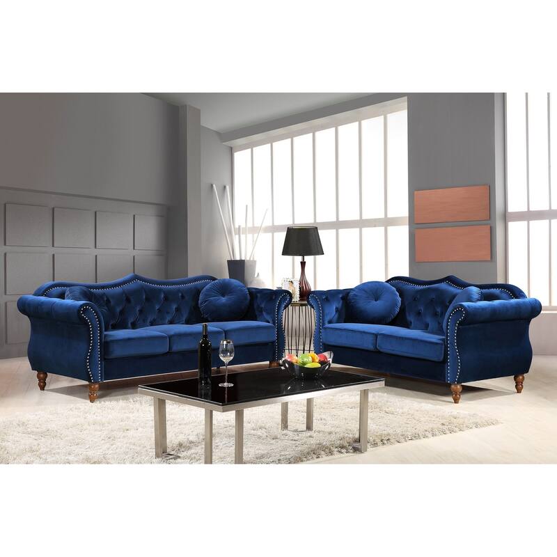 Gracewood Hollow Mantel Mid-century Nailhead Chesterfield Sofa Set - Blue