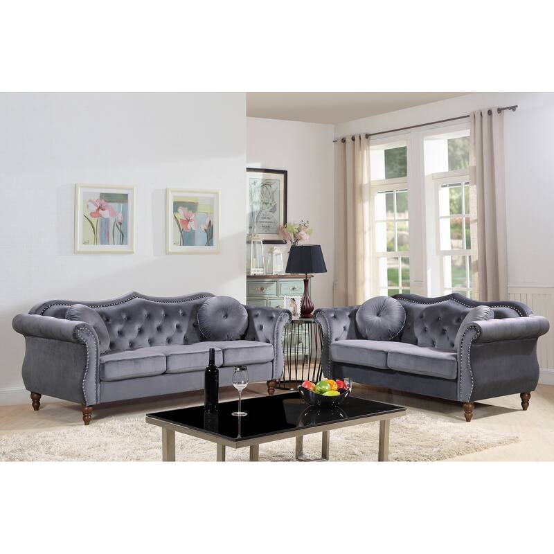 Gracewood Hollow Mantel Mid-century Nailhead Chesterfield Sofa Set - Grey