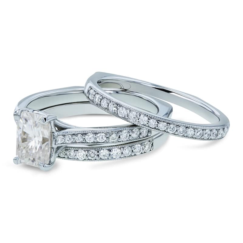 Annello by Kobelli 14k Gold 1 4/5ct TGW Radiant Moissanite and Diamond Euro-Band Trellis Bridal Rings (GH/VS, GH/I)