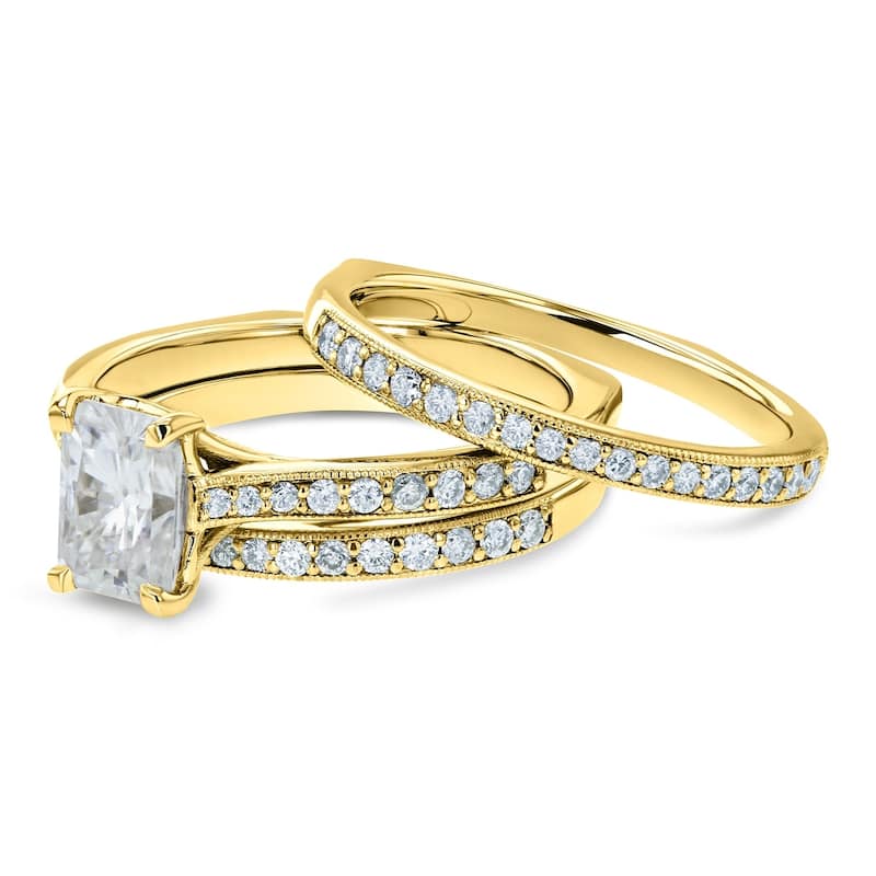 Annello by Kobelli 14k Gold 1 4/5ct TGW Radiant Moissanite and Diamond Euro-Band Trellis Bridal Rings (GH/VS, GH/I)