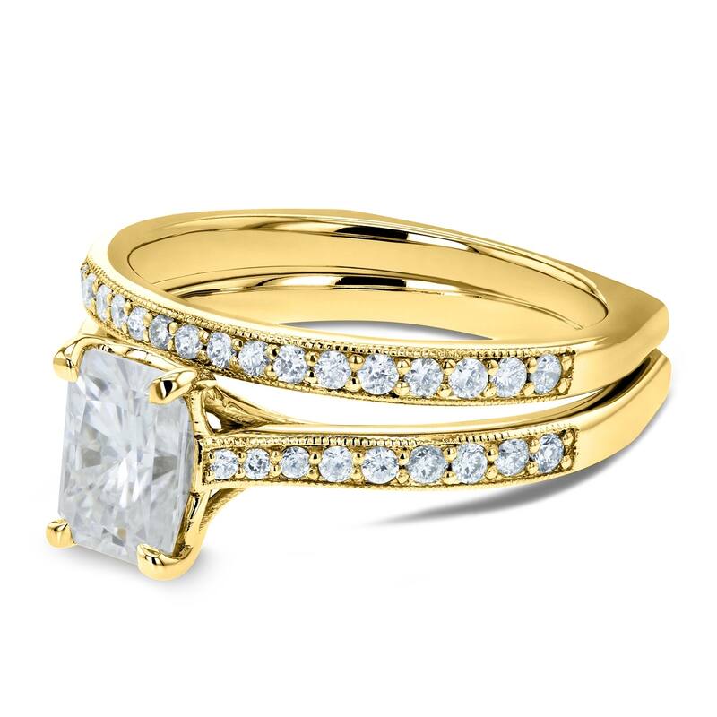 Annello by Kobelli 14k Gold 1 3/5ct TGW Radiant Moissanite and Diamond Euro-BandTrellis Bridal Rings Set (GH/VS, GH/I)
