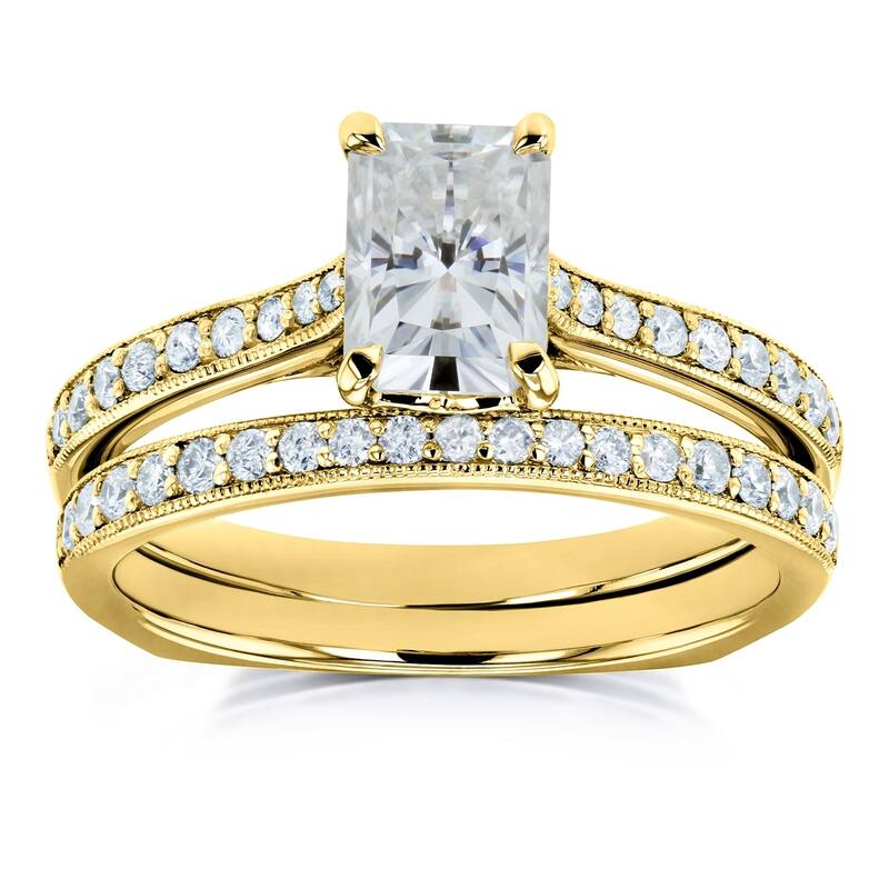 Annello by Kobelli 14k Gold 1 3/5ct TGW Radiant Moissanite and Diamond Euro-BandTrellis Bridal Rings Set (GH/VS, GH/I)