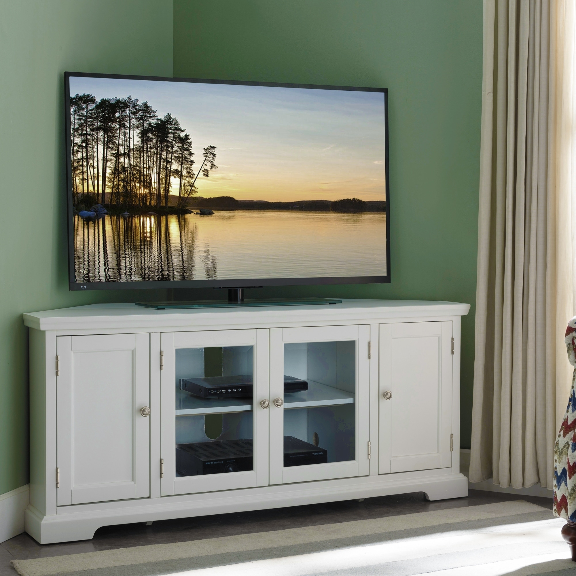 Shop White Wood Glass Corner TV Console Free Shipping On 